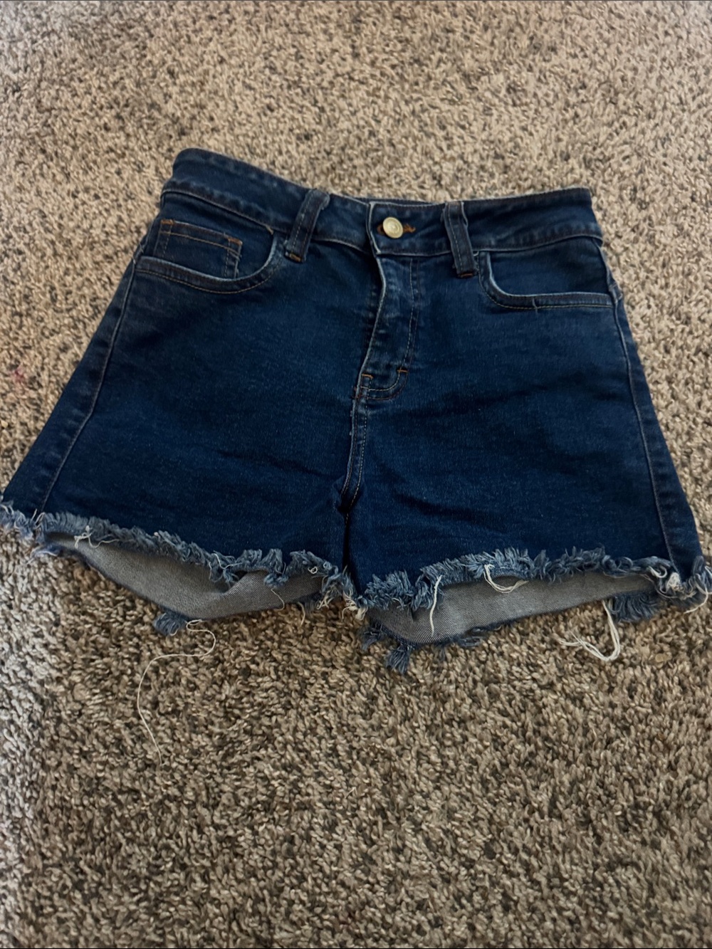 Dark Blue Frayed Hem Denim Shorts
